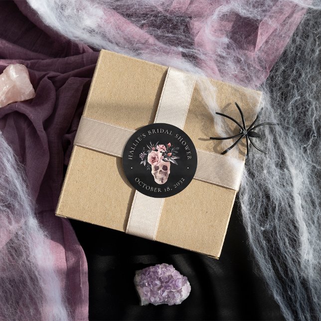 Adesivo Redondo Favor de Noiva no Halloween com Crânio Floral (Criador carregado)