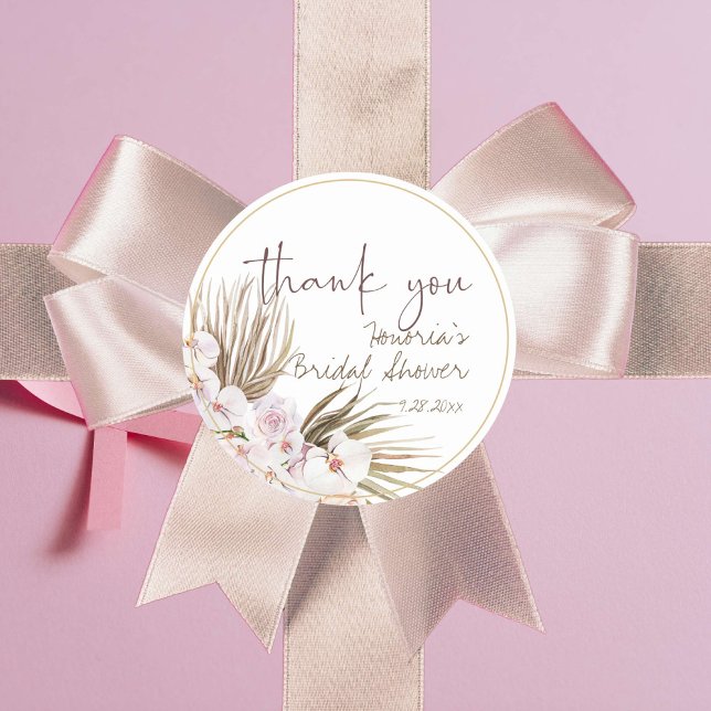 Adesivo Redondo Favor de Orquídea Rosa Floral Seca Boho (Boho foliage and pale pink orchids for a modern bridal shower sticker label)