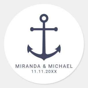 Adesivo Redondo Favor do Casamento de Âncora Azul do Marinho Náuti