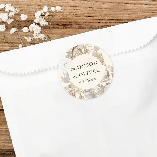 Adesivo Redondo Favor do Casamento de Creme Floral Terrestre Elega (Criador carregado)