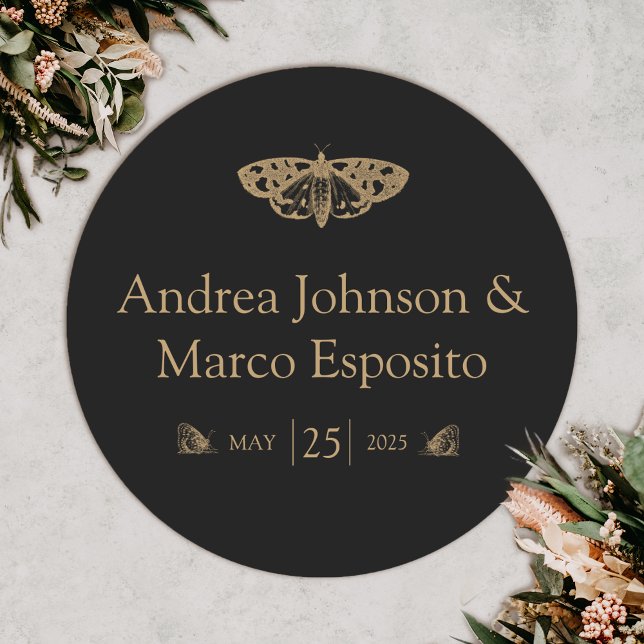 Adesivo Redondo Favor do Casamento Gótico Elegante da Moth Victori (Gothic moth wedding sticker)