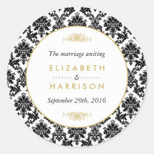 Adesivo Redondo Favor do Casamento tema damasco Dourado, Preto e B