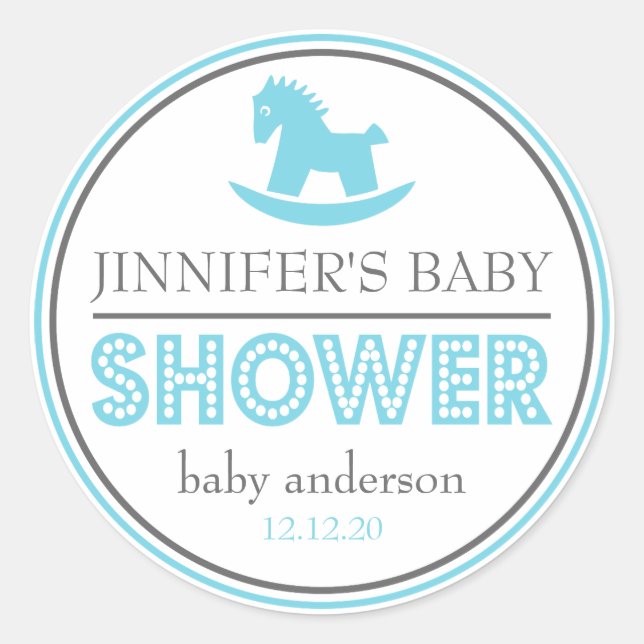 Adesivo Redondo Favor do Cavalo de Rocking chá de fraldas (Azul /  (Frente)