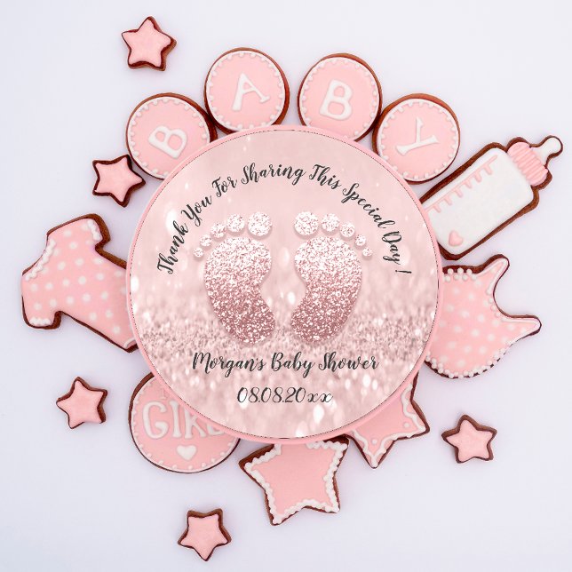 Adesivo Redondo Favor do Chá de fraldas de Pés Leve Agradecido (Blush Glitter Feet Baby Shower Favor Thank You Classic Round Sticker)