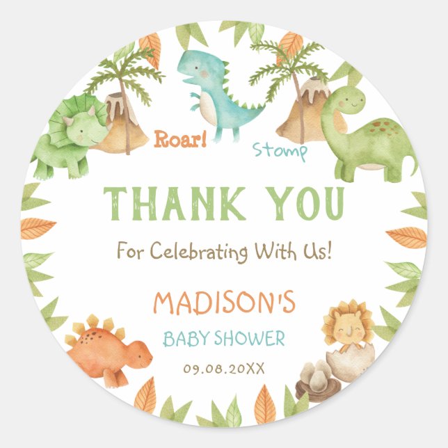 Adesivo Redondo Favor do Chá de fraldas Dinossauro Cinto-d'Água (Frente)