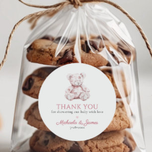 Adesivo Redondo Favor do Chá de fraldas do Urso de Teddy Rosa