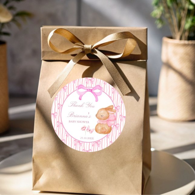 Adesivo Redondo Favor do chá de fraldas rosado de coelho fino (Cute Bunny pink bow baby shower personalized favor Stickers thank you stickers)