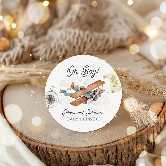 Adesivo Redondo Favor do Chá de fraldas Viagem de Rapaz do Avião V (Criador carregado)