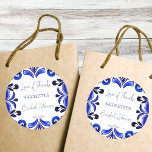 Adesivo Redondo Favor do chá de panela do Mediterrâneo azul francê<br><div class="desc">Blue Majolica mexicana Talavera azulejo espanhola chá de panela mediterrânica espanhola imprimiu obrigado para você favorecer os adesivos modelo. Azulejos de aquarela modernos cores azuis com letra moderna de escrita manual personalizada adesivos de presente</div>