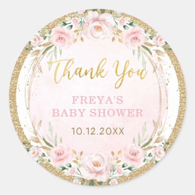 Adesivo Redondo Favor do Chá do Flor Rosa Esbranquiçado Fraqueado  (Frente)