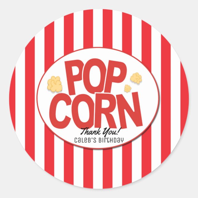 Adesivo Redondo Favor do filme Popcorn Red & White Stripe (Frente)