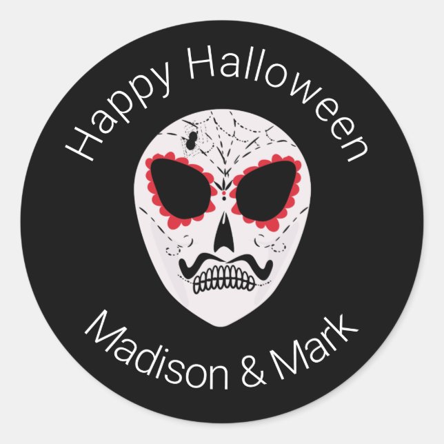 Adesivo Redondo Favor do Halloween do Crânio do Açúcar (Frente)