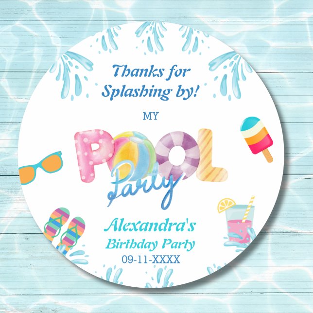 Adesivo Redondo Favor do Partido da Piscina aniversário de criança (Criador carregado)