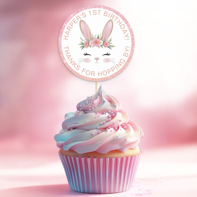 Adesivo Redondo Favor do Partido do primeiro aniversario Floral Bu (Bunny Birthday Party Favor Thank You Sticker)