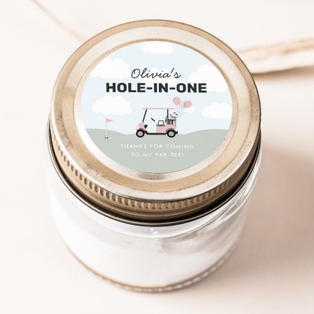 Adesivo Redondo Favor do primeiro aniversario de Golfe Rosa-In-One (Criador carregado)