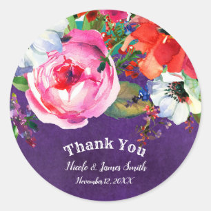 Adesivo Redondo Favor Floral de Aquarela Brilhante Roxo Chic