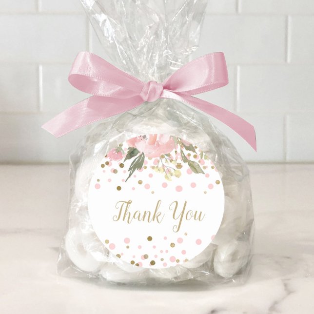 Adesivo Redondo Favor Floral de Aquarela em Dourado Rosa (Pink gold baby shower favor stickers. Add your own text.)