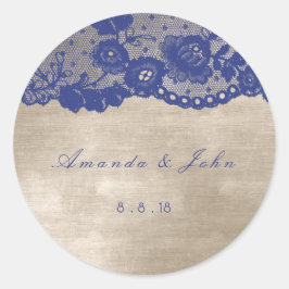 Adesivo Redondo Favor Ivory Beige Blue Marinho Lace Obrigado