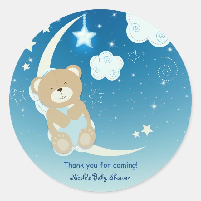 Adesivo Redondo Favor Personalizado Teddy Bear Lua e Estrelas para (Frente)