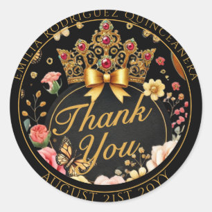 Adesivo Redondo Favor Quniceanera Oferece Rosa vermelha Tiara Obri