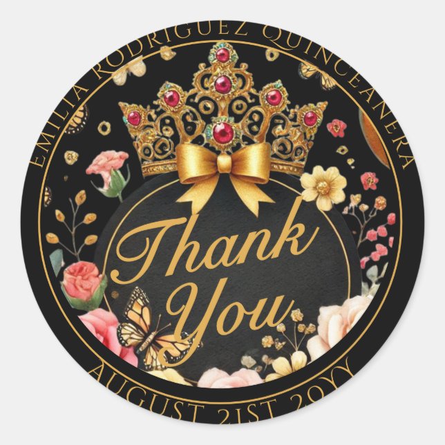 Adesivo Redondo Favor Quniceanera Oferece Rosa vermelha Tiara Obri (Frente)