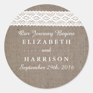 Adesivo Redondo Favor Rustic Burlap & Vintage White Lace Casamento