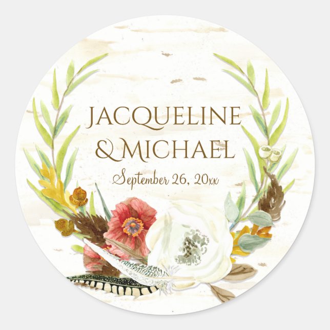 Adesivo Redondo Favor Stickers Birch Wood Eucalyptus Leaf Wreath (Frente)