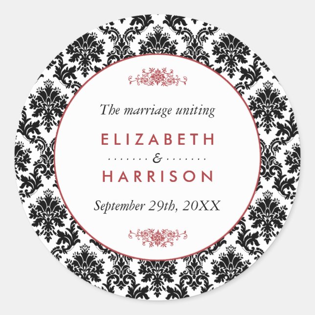 Adesivo Redondo Favorecimento do Casamento tema damasco Vermelho,  (Frente)