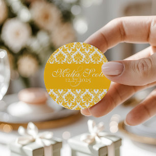 Adesivo Redondo Favorito do Casamento tema damasco Amarelo Elegant