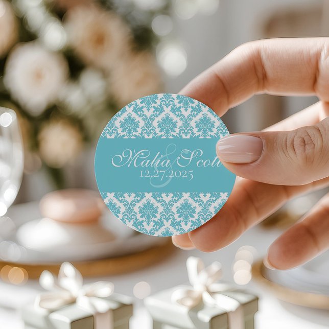 Adesivo Redondo Favorito do Casamento tema damasco Branco Azul Ele (Criador carregado)