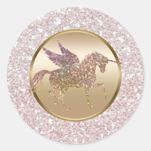 Adesivo Redondo Favorito Unicórnio Voador com Glitter Rosa e Doura