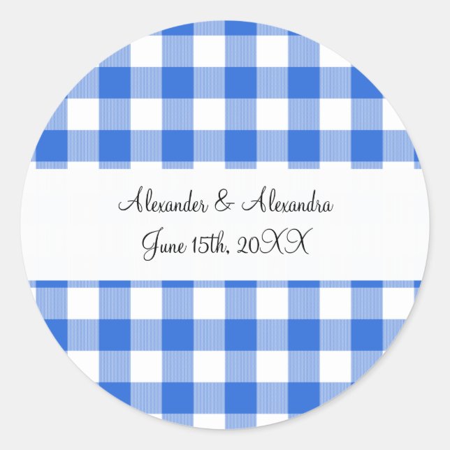 Adesivo Redondo Favoritos de casamento do padrão gingham azul (Frente)