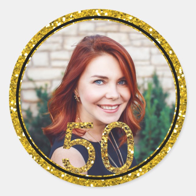 Adesivo Redondo Favoritos de Festa de aniversário Dourada Glitter  (Frente)