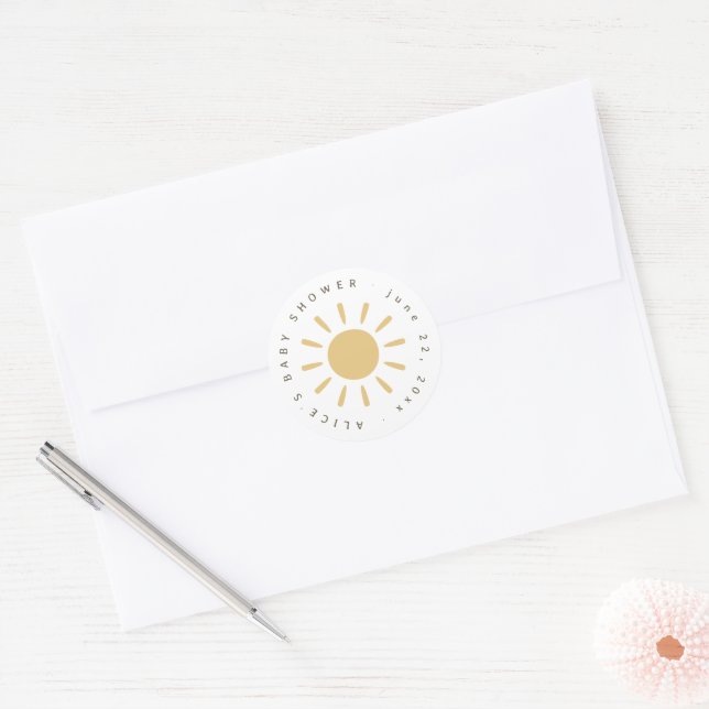 Adesivo Redondo Favoritos e Convites para Chá de Bebê Boho Sol (Envelope)