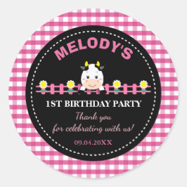 Adesivo Redondo Favors de Aniversário de 1 ano da Vaca Rosa Animai