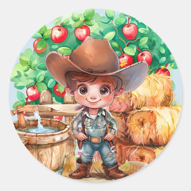 Adesivo Redondo Fazenda 1rua Cute Cowboy. Festa de aniversário (Frente)