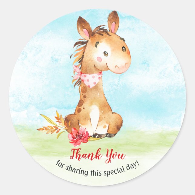 Adesivo Redondo Fazenda de Chá de fraldas de Cavalo de Aquarela Ob (Frente)