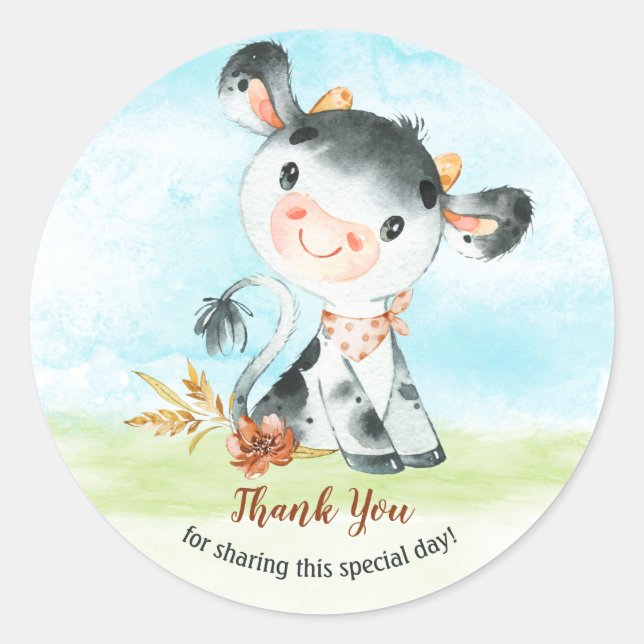 Adesivo Redondo Fazenda de Chá de fraldas de Vaca de Aquarela Obri (Frente)