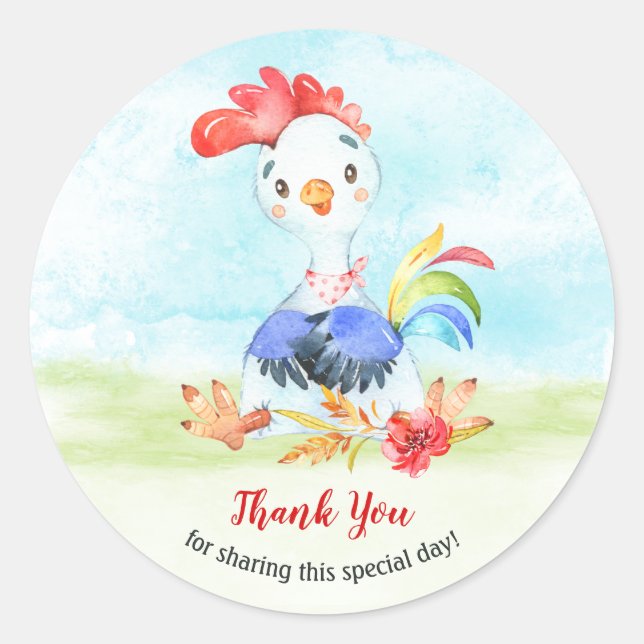 Adesivo Redondo Fazenda do Watercolor Rooster Obrigado (Frente)