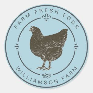 Adesivo Redondo Fazenda Fresca Vintage Hen Ovos Cartonagem Azul