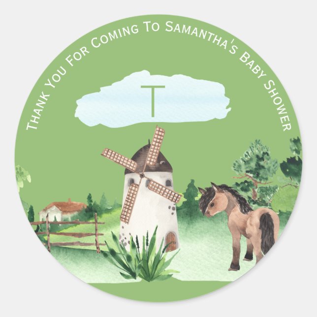 Adesivo Redondo Fazenda Monograma, Chá de fraldas de cavalos para  (Frente)