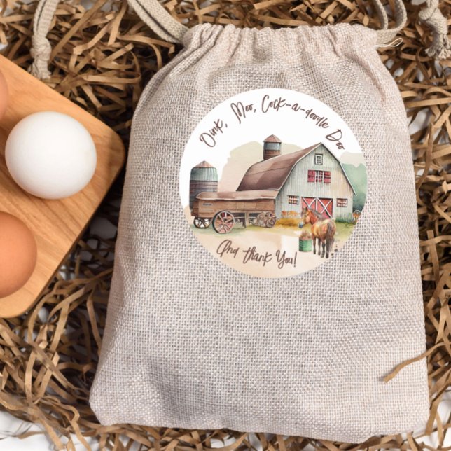 Adesivo Redondo Fazenda russa Oink Moo Aniversário Obrigado (Criador carregado)