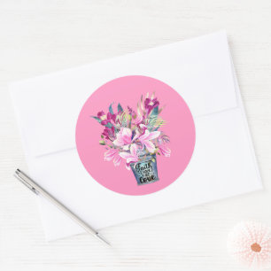 Adesivo Redondo Fé Inspiradora Esperança Ama Balde Rosa Flor