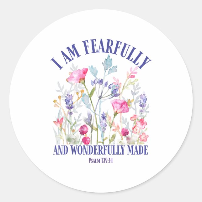 Adesivo Redondo Fearfully And Wonderfully Made Floral Christian Bi (Frente)