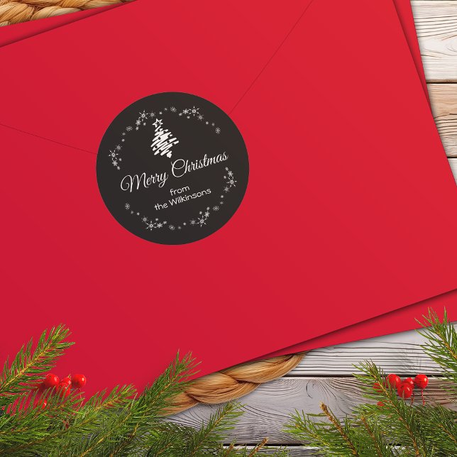 Adesivo Redondo Feira de Envelope Negra de Natal Feliz (Merry Christmas Modern Black Holiday Envelope Seal)