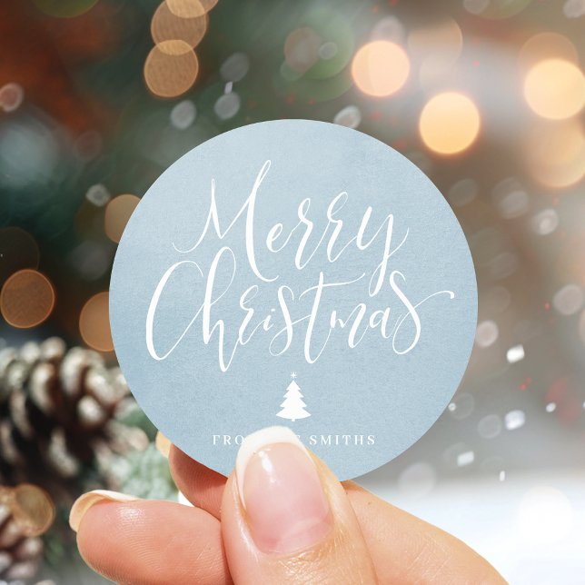 Adesivo Redondo Feira de Natal Azul Simples (Winter Blue Simple Calligraphy Merry Christmas Classic Round Sticker)