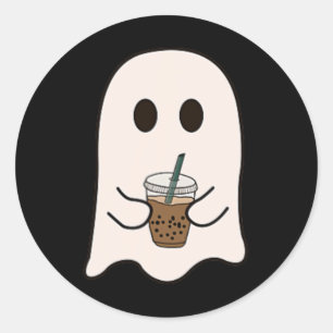 Adesivo Redondo Feira de Spooky, Cute, Pequeno Ghost, Café Hallowa