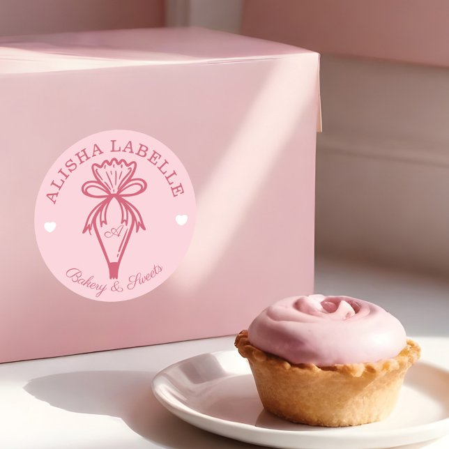 Adesivo Redondo Feita À Mão Com Amor, Cor-De-Rosa (Handmade With Love Modern Bakery Piping Bag Pink Classic Round Sticker)