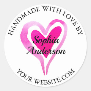Adesivo Redondo Feita À Mão Com Amor, Coração E Nome, Branco