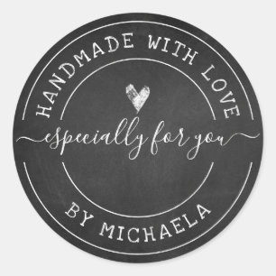Adesivo Redondo Feita À Mão Com Amor Pelo Nome Chalk No Quadro P